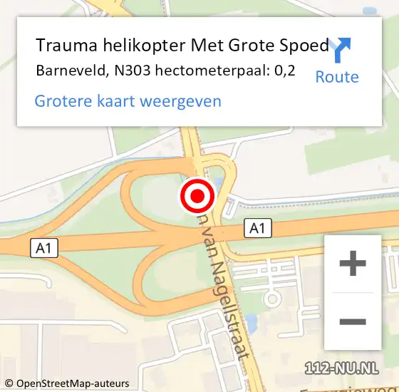 Locatie op kaart van de 112 melding: Trauma helikopter Met Grote Spoed Naar Barneveld, N303 hectometerpaal: 0,2 op 5 oktober 2021 01:18