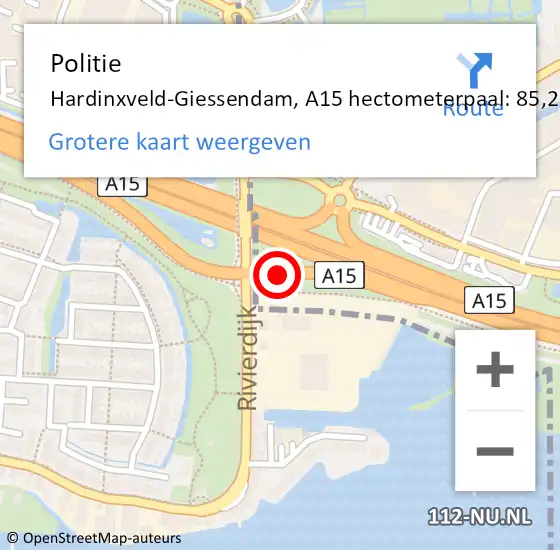 Locatie op kaart van de 112 melding: Politie Hardinxveld-Giessendam, A15 hectometerpaal: 85,2 op 5 oktober 2021 06:33