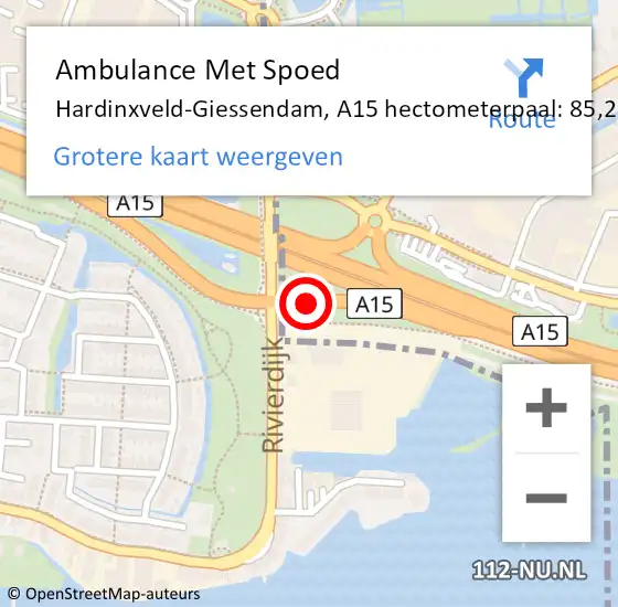 Locatie op kaart van de 112 melding: Ambulance Met Spoed Naar Hardinxveld-Giessendam, A15 hectometerpaal: 85,2 op 5 oktober 2021 06:35