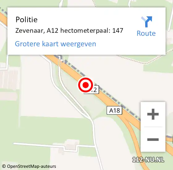 Locatie op kaart van de 112 melding: Politie Zevenaar, A12 hectometerpaal: 147 op 5 oktober 2021 09:10