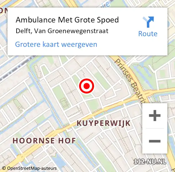 Locatie op kaart van de 112 melding: Ambulance Met Grote Spoed Naar Delft, Van Groenewegenstraat op 5 oktober 2021 12:24