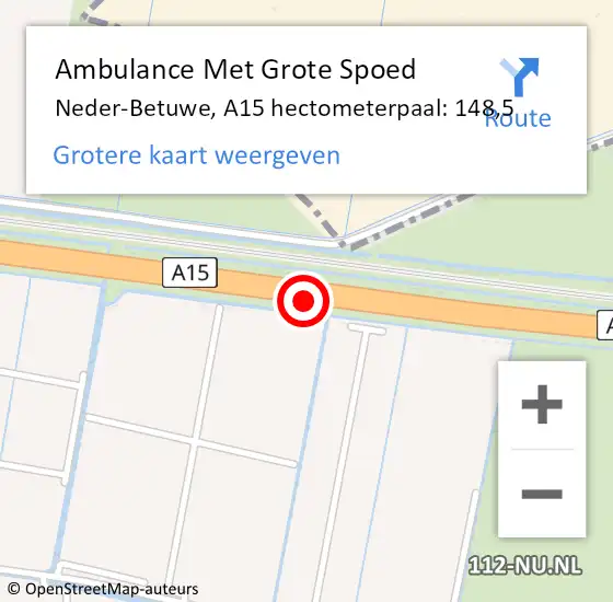 Locatie op kaart van de 112 melding: Ambulance Met Grote Spoed Naar Neder-Betuwe, A15 hectometerpaal: 148,5 op 5 oktober 2021 13:42