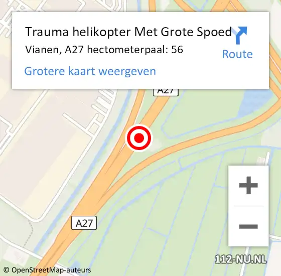 Locatie op kaart van de 112 melding: Trauma helikopter Met Grote Spoed Naar Vianen, A27 hectometerpaal: 56 op 5 oktober 2021 14:28