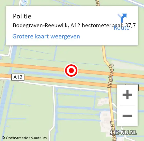 Locatie op kaart van de 112 melding: Politie Bodegraven-Reeuwijk, A12 hectometerpaal: 37,7 op 5 oktober 2021 15:08