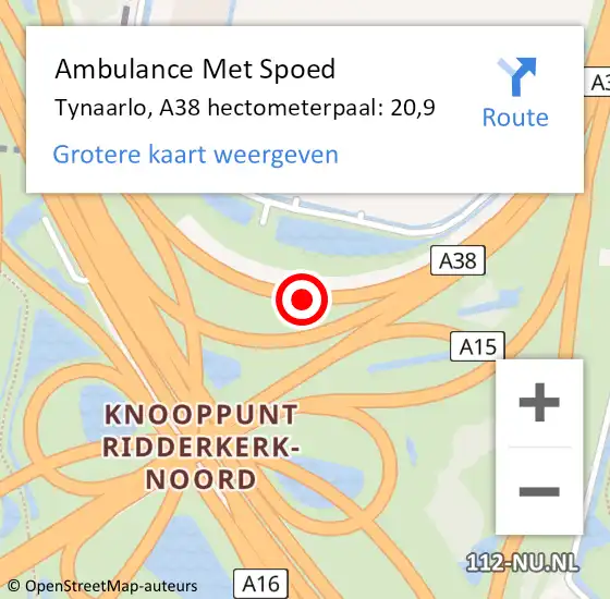 Locatie op kaart van de 112 melding: Ambulance Met Spoed Naar Tynaarlo, A38 hectometerpaal: 20,9 op 5 oktober 2021 15:22