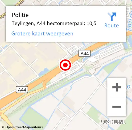 Locatie op kaart van de 112 melding: Politie Teylingen, A44 hectometerpaal: 10,5 op 5 oktober 2021 15:59