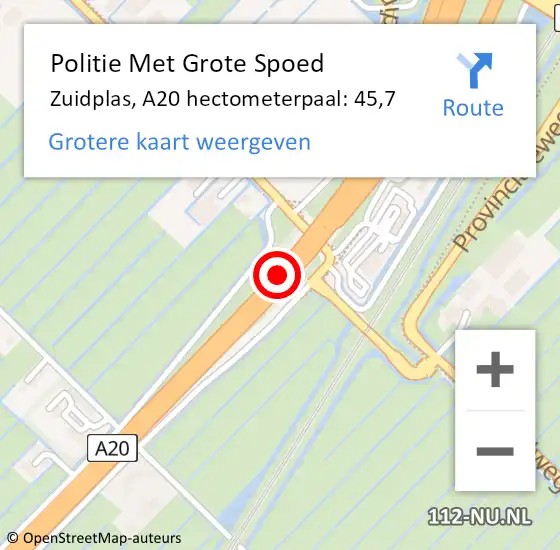 Locatie op kaart van de 112 melding: Politie Met Grote Spoed Naar Zuidplas, A20 hectometerpaal: 45,7 op 5 oktober 2021 16:17