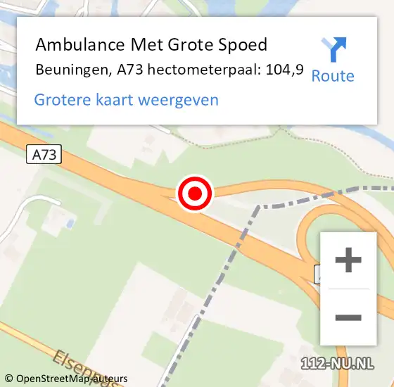 Locatie op kaart van de 112 melding: Ambulance Met Grote Spoed Naar Beuningen, A73 hectometerpaal: 104,9 op 5 oktober 2021 16:44