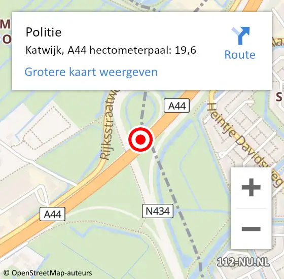 Locatie op kaart van de 112 melding: Politie Katwijk, A44 hectometerpaal: 19,6 op 5 oktober 2021 17:53