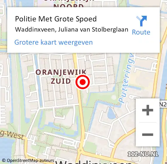 Locatie op kaart van de 112 melding: Politie Met Grote Spoed Naar Waddinxveen, Juliana van Stolberglaan op 5 oktober 2021 19:24