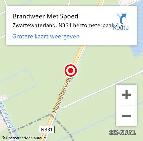 Locatie op kaart van de 112 melding: Brandweer Met Spoed Naar Zwartewaterland, N331 hectometerpaal: 4,9 op 5 oktober 2021 21:01