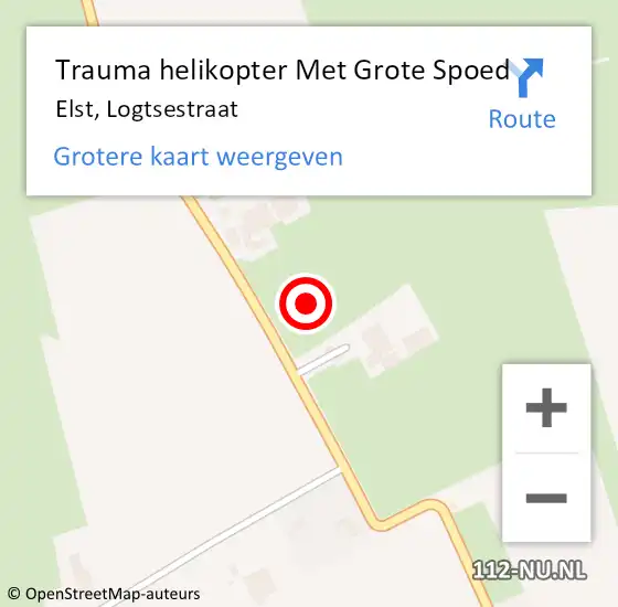 Locatie op kaart van de 112 melding: Trauma helikopter Met Grote Spoed Naar Elst, Logtsestraat op 5 oktober 2021 21:07