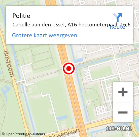 Locatie op kaart van de 112 melding: Politie Rotterdam, A16 hectometerpaal: 16,6 op 6 oktober 2021 05:41