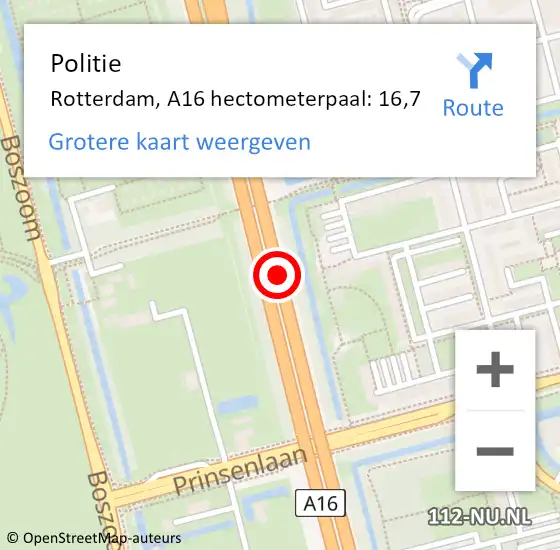 Locatie op kaart van de 112 melding: Politie Rotterdam, A16 hectometerpaal: 16,7 op 6 oktober 2021 05:44