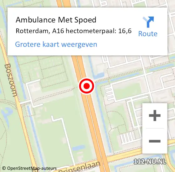 Locatie op kaart van de 112 melding: Ambulance Met Spoed Naar Rotterdam, A16 hectometerpaal: 16,6 op 6 oktober 2021 05:44