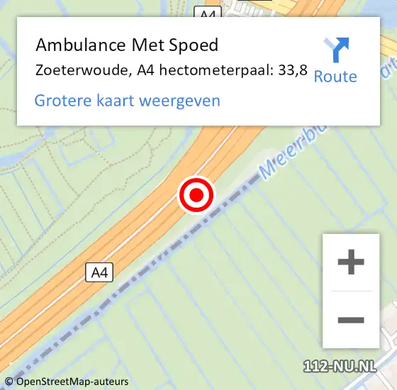 Locatie op kaart van de 112 melding: Ambulance Met Spoed Naar Zoeterwoude, A4 hectometerpaal: 33,8 op 6 oktober 2021 07:01