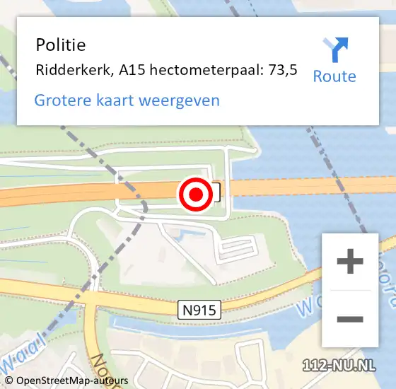Locatie op kaart van de 112 melding: Politie Ridderkerk, A15 hectometerpaal: 73,5 op 6 oktober 2021 07:39