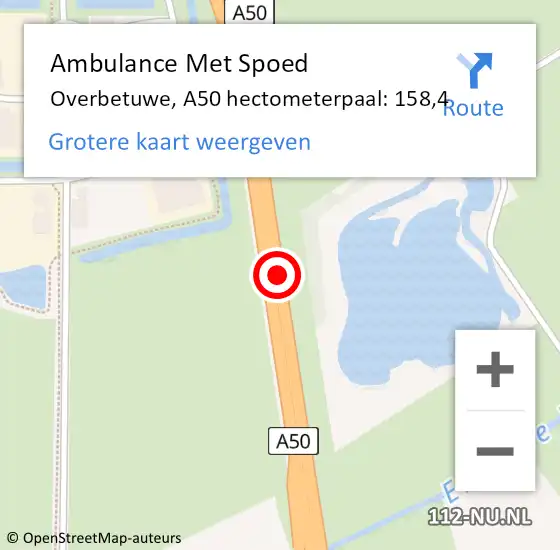 Locatie op kaart van de 112 melding: Ambulance Met Spoed Naar Overbetuwe, A50 hectometerpaal: 158,4 op 6 oktober 2021 07:55