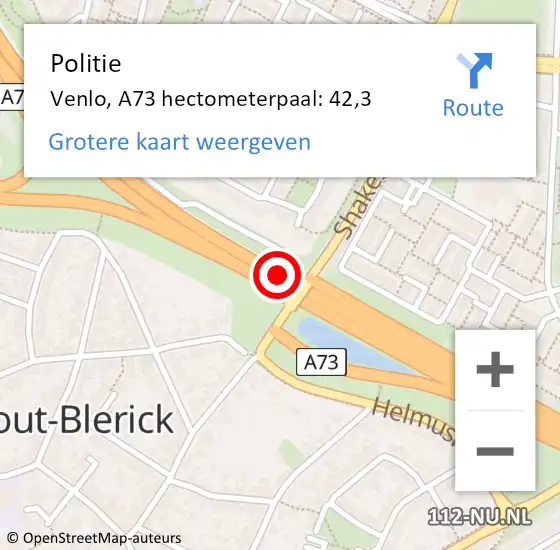Locatie op kaart van de 112 melding: Politie Venlo, A73 hectometerpaal: 42,3 op 6 oktober 2021 07:57