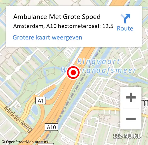 Locatie op kaart van de 112 melding: Ambulance Met Grote Spoed Naar Amsterdam, A10 hectometerpaal: 12,5 op 6 oktober 2021 08:06