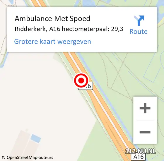 Locatie op kaart van de 112 melding: Ambulance Met Spoed Naar Ridderkerk, A16 hectometerpaal: 29,3 op 6 oktober 2021 08:08