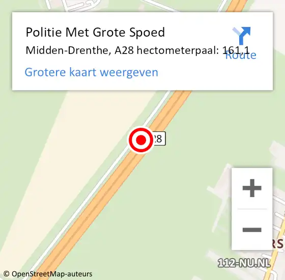 Locatie op kaart van de 112 melding: Politie Met Grote Spoed Naar Midden-Drenthe, A28 hectometerpaal: 161,1 op 6 oktober 2021 09:03