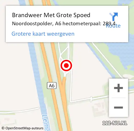 Locatie op kaart van de 112 melding: Brandweer Met Grote Spoed Naar Noordoostpolder, A6 hectometerpaal: 289,4 op 6 oktober 2021 09:22