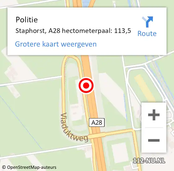 Locatie op kaart van de 112 melding: Politie Staphorst, A28 hectometerpaal: 113,5 op 6 oktober 2021 09:39