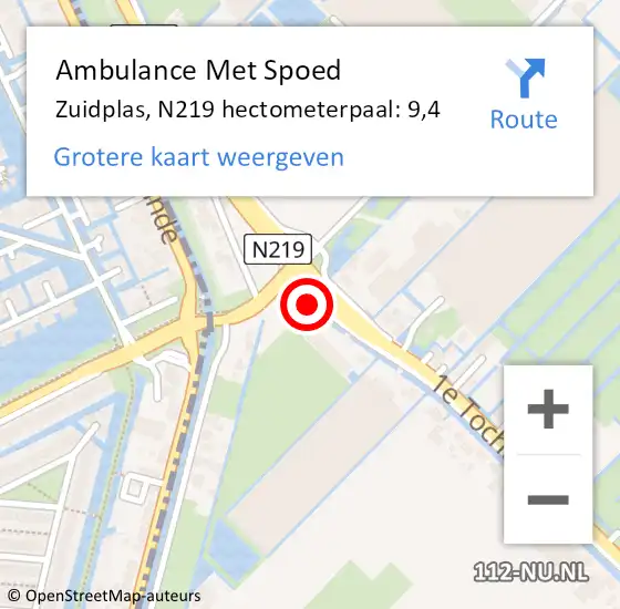 Locatie op kaart van de 112 melding: Ambulance Met Spoed Naar Zuidplas, N219 hectometerpaal: 9,4 op 6 oktober 2021 10:53