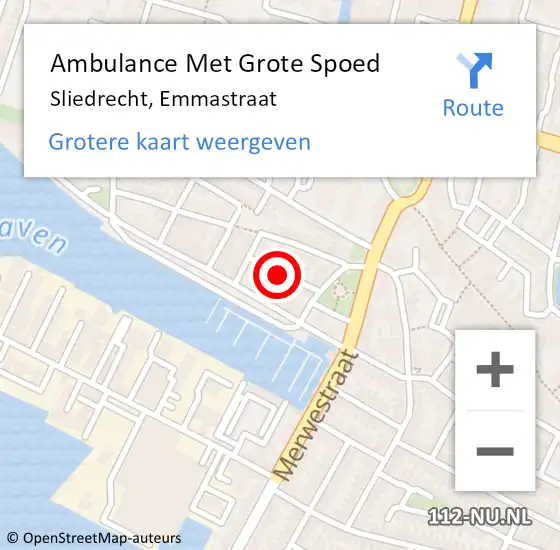 Locatie op kaart van de 112 melding: Ambulance Met Grote Spoed Naar Sliedrecht, Emmastraat op 6 oktober 2021 11:06