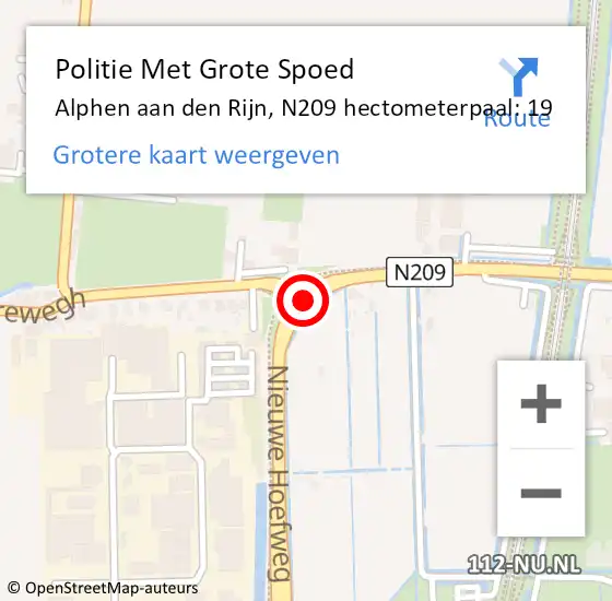 Locatie op kaart van de 112 melding: Politie Met Grote Spoed Naar Alphen aan den Rijn, N209 hectometerpaal: 19 op 6 oktober 2021 11:20