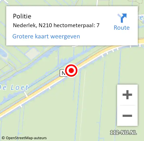 Locatie op kaart van de 112 melding: Politie Nederlek, N210 hectometerpaal: 7 op 6 oktober 2021 11:56