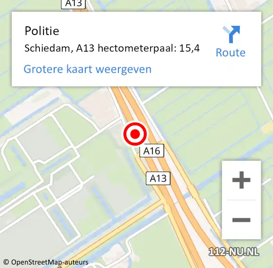 Locatie op kaart van de 112 melding: Politie Rotterdam, A13 hectometerpaal: 15,4 op 6 oktober 2021 14:45