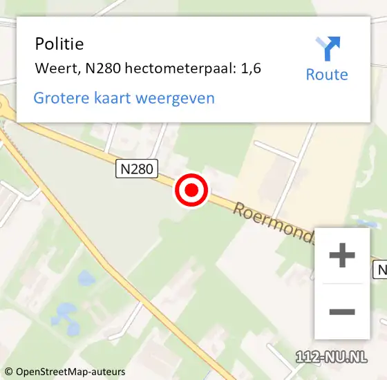 Locatie op kaart van de 112 melding: Politie Weert, N280 hectometerpaal: 1,6 op 6 oktober 2021 15:17