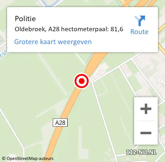 Locatie op kaart van de 112 melding: Politie Oldebroek, A28 hectometerpaal: 81,6 op 6 oktober 2021 15:33