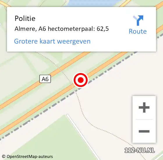 Locatie op kaart van de 112 melding: Politie Almere, A6 hectometerpaal: 62,5 op 6 oktober 2021 16:00