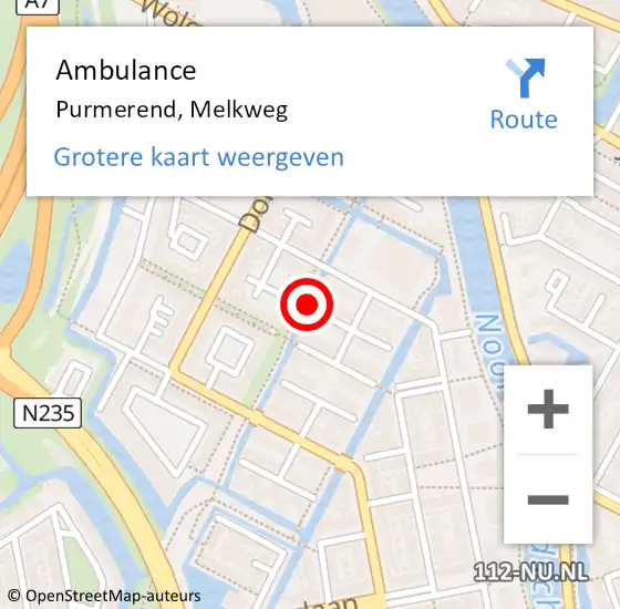 Locatie op kaart van de 112 melding: Ambulance Purmerend, Melkweg op 6 oktober 2021 16:32