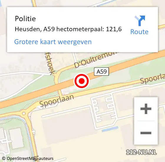Locatie op kaart van de 112 melding: Politie Heusden, A59 hectometerpaal: 121,6 op 6 oktober 2021 16:54