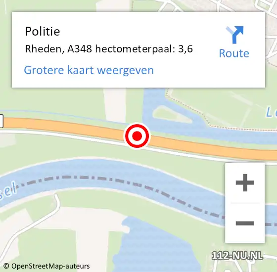 Locatie op kaart van de 112 melding: Politie Rheden, A348 hectometerpaal: 3,6 op 6 oktober 2021 19:10