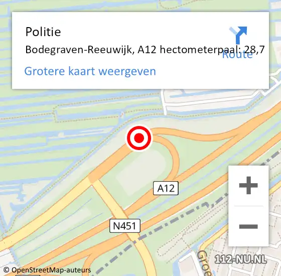 Locatie op kaart van de 112 melding: Politie Bodegraven-Reeuwijk, A12 hectometerpaal: 28,7 op 6 oktober 2021 19:12
