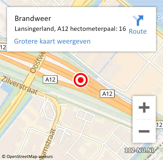 Locatie op kaart van de 112 melding: Brandweer Lansingerland, A12 hectometerpaal: 16 op 6 oktober 2021 21:55