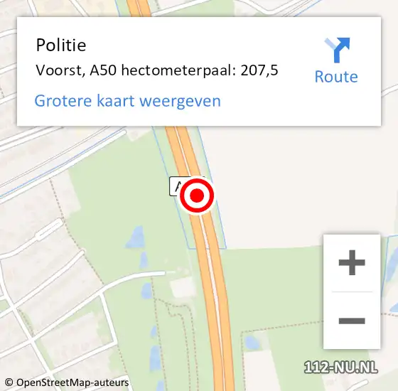 Locatie op kaart van de 112 melding: Politie Voorst, A50 hectometerpaal: 207,5 op 6 oktober 2021 22:32