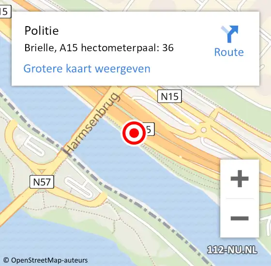 Locatie op kaart van de 112 melding: Politie Brielle, A15 hectometerpaal: 36 op 6 oktober 2021 23:35