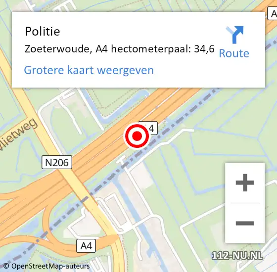 Locatie op kaart van de 112 melding: Politie Zoeterwoude, A4 hectometerpaal: 34,6 op 6 oktober 2021 23:41