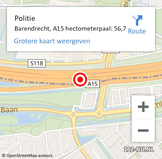 Locatie op kaart van de 112 melding: Politie Barendrecht, A15 hectometerpaal: 56,7 op 7 oktober 2021 09:46