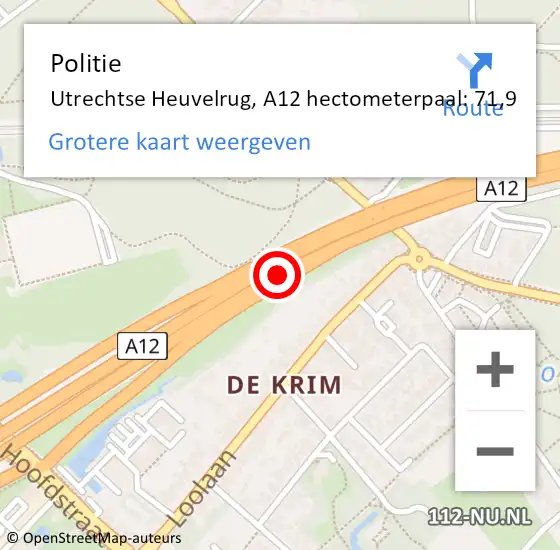 Locatie op kaart van de 112 melding: Politie Utrechtse Heuvelrug, A12 hectometerpaal: 71,9 op 7 oktober 2021 11:56