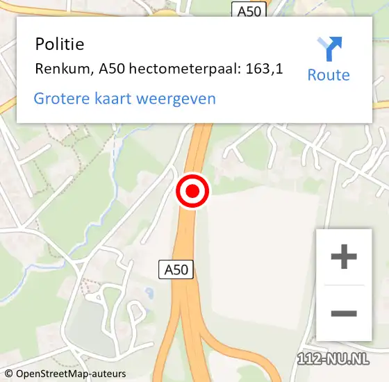 Locatie op kaart van de 112 melding: Politie Renkum, A50 hectometerpaal: 163,1 op 7 oktober 2021 12:30