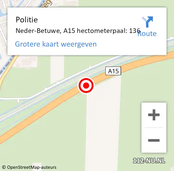 Locatie op kaart van de 112 melding: Politie Neder-Betuwe, A15 hectometerpaal: 136 op 7 oktober 2021 13:21