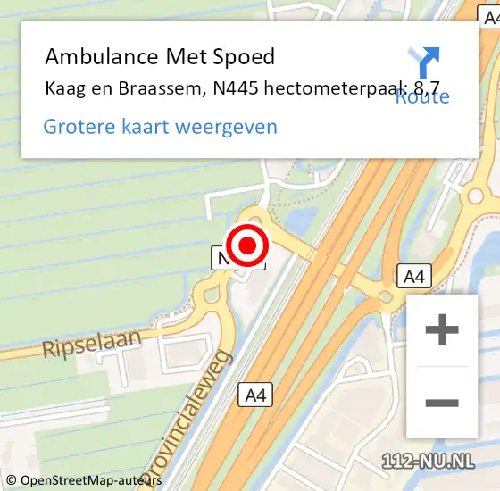 Locatie op kaart van de 112 melding: Ambulance Met Spoed Naar Kaag en Braassem, N445 hectometerpaal: 8,7 op 7 oktober 2021 14:46