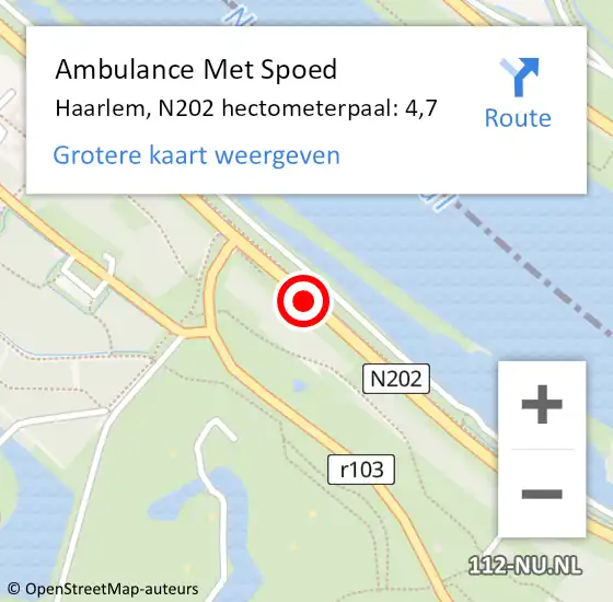 Locatie op kaart van de 112 melding: Ambulance Met Spoed Naar Haarlem, N202 hectometerpaal: 4,7 op 7 oktober 2021 14:57